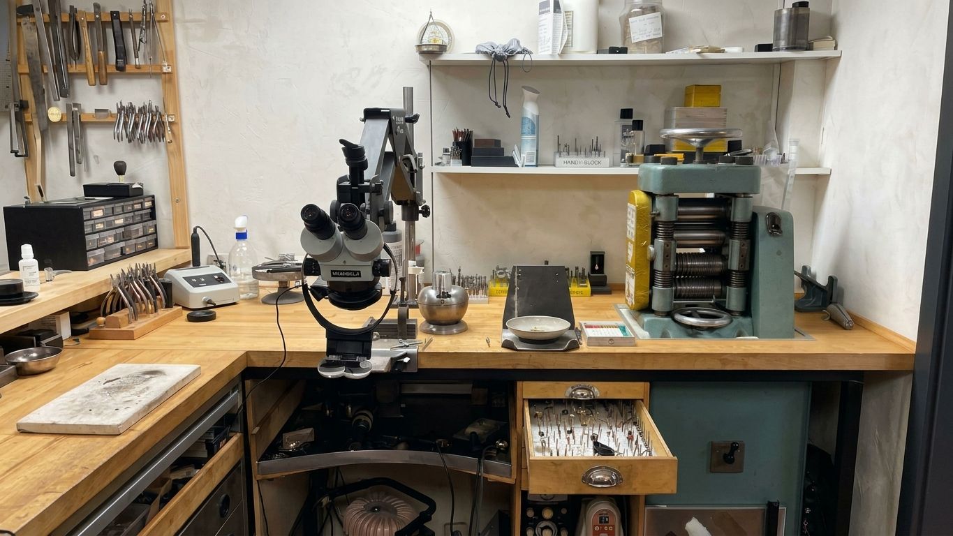 Die Werkstatt der Mainzer Goldstube mit Werkbänken, vorne Kamil Akdogan und seine Tochter